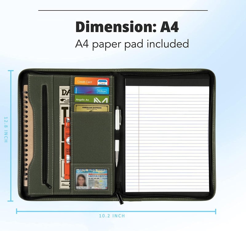 Gorbado Zippered Portfolio Organizer/ A4 Refillable Lined Writing Notepad Folder Case/Fabric-Covered Padfolio Binder with Interior Storage Pocket for Men Women.Dark Olive - Image 4